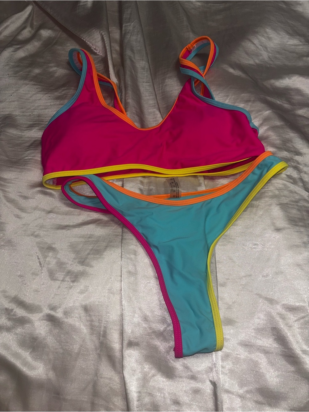 SHEIN Pink & Aqua Contrast Trim Bikini Set